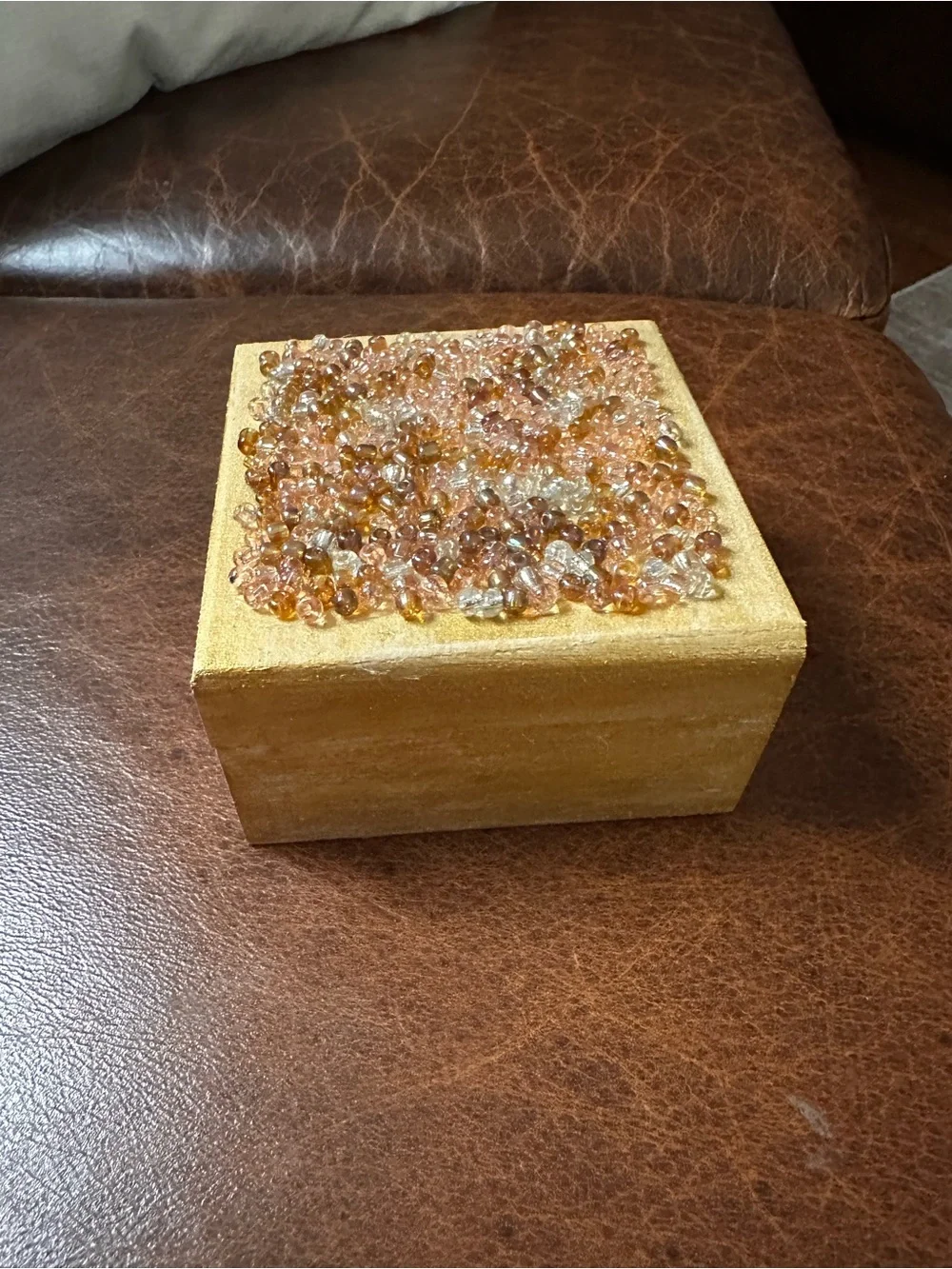 Hand Crafted Gold Beaded Trinket Box with Amber Accents